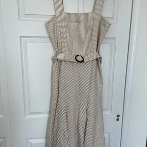Beachy Belted Ann Taylor Dress, Size 14, taupe seersucker